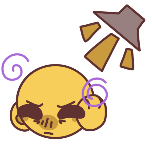 A tired and distressed looking emoji-yellow person covering their ears with purple spirals around them, next to them is a speaker symbol.